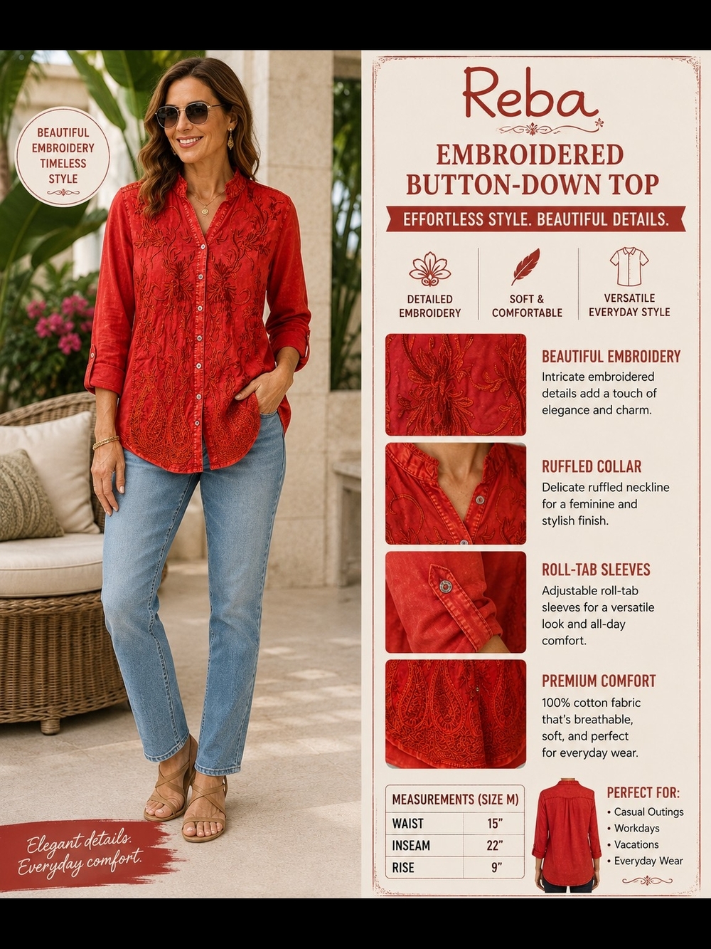 Reba Red Embroidered Button-Down Shirt